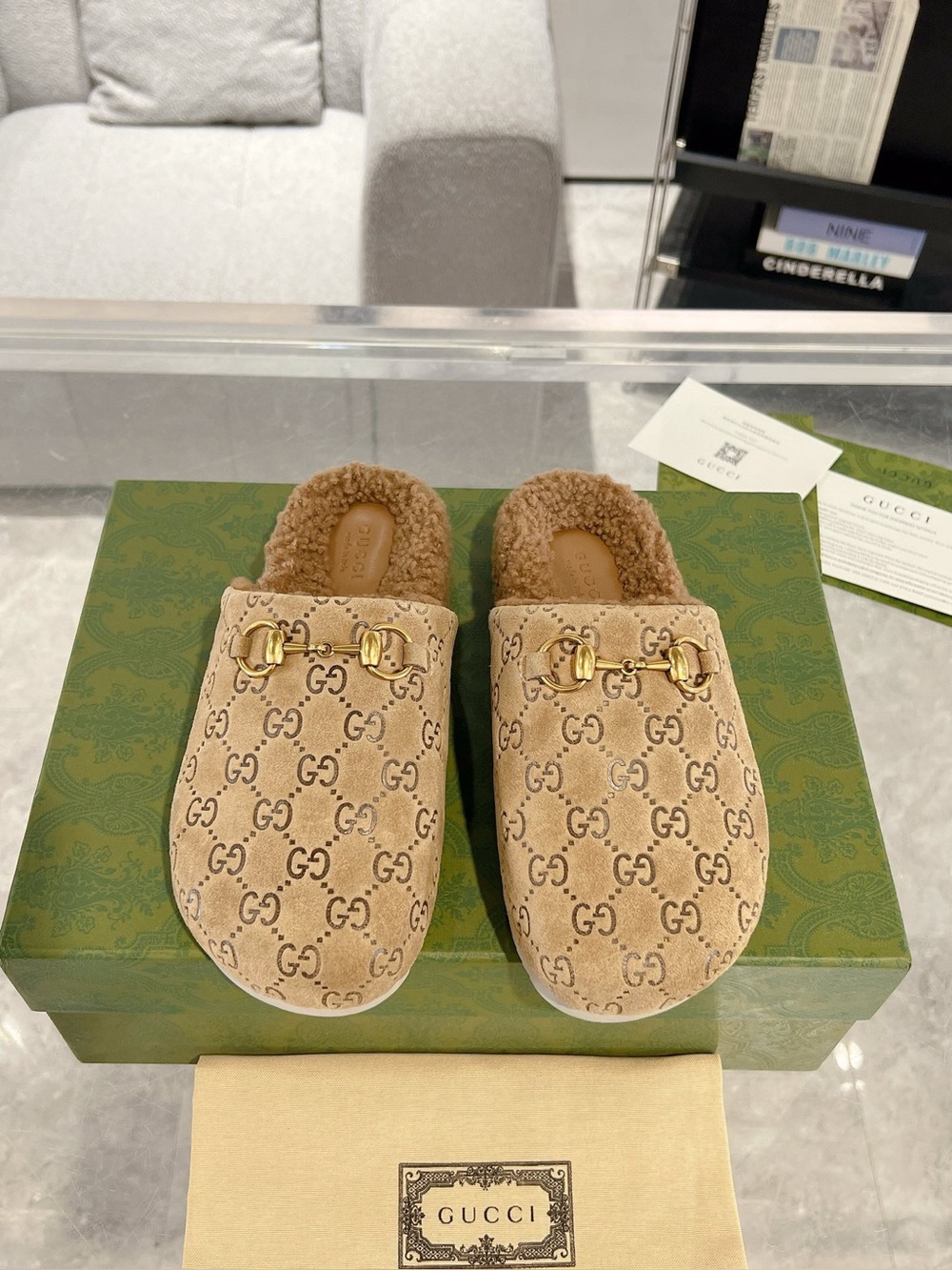 Gucci GG Monogram Suede Horsebit Shearling Lined Mule Clogs
